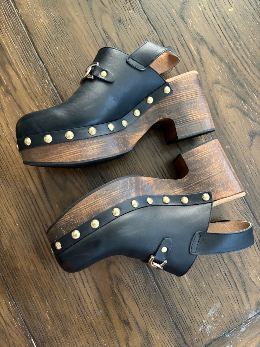Free People Black Leather Platform Clogs | Studded Wooden Heel | Size 40 - Picture 6 of 10
